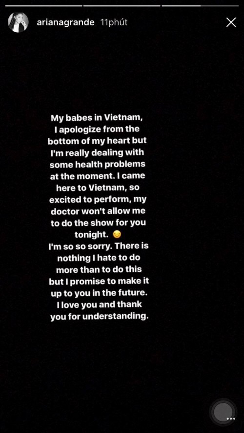 Ariana bày tỏ sự tiếc nuối trên Instagram.